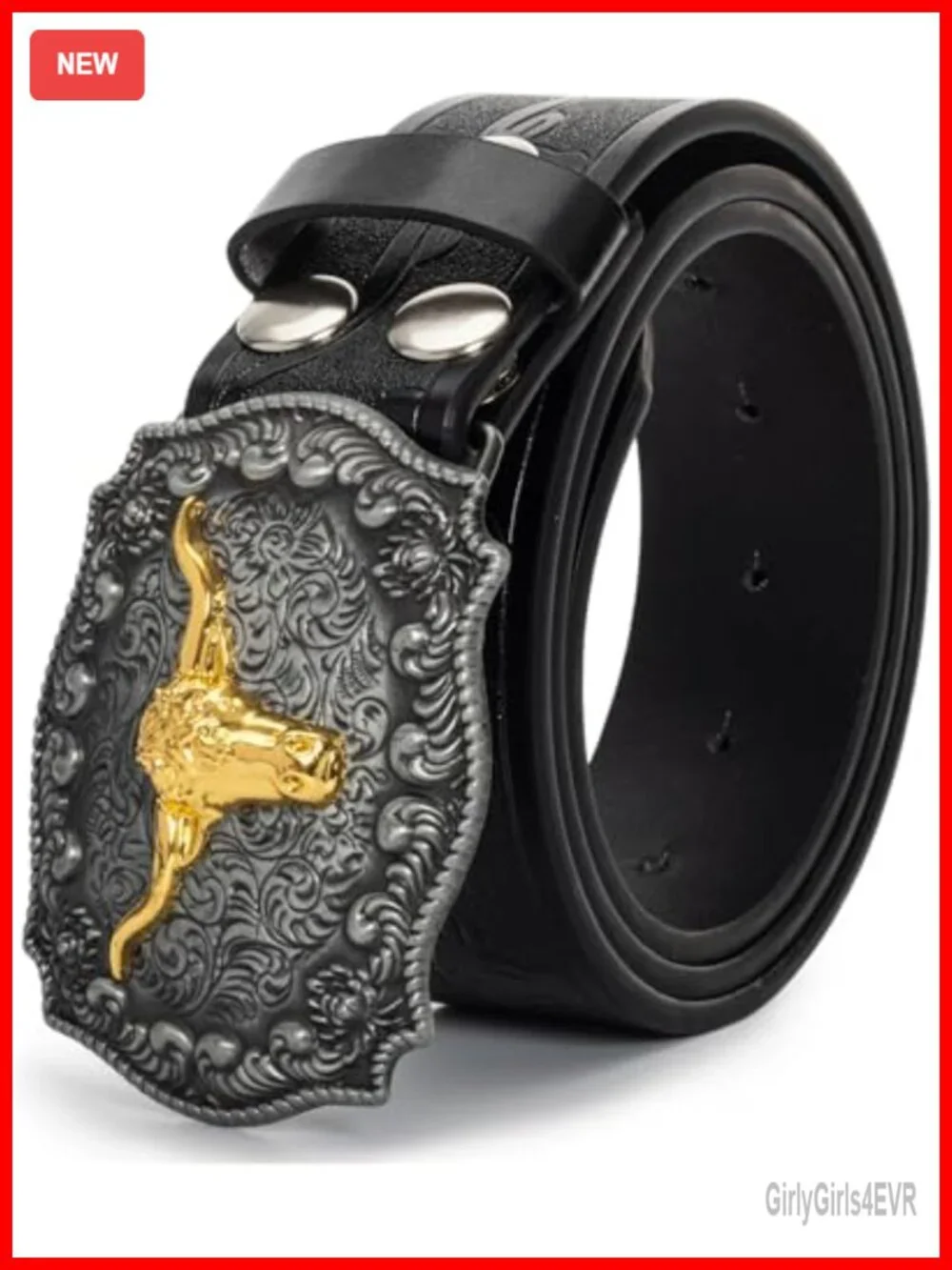 Western Cowboy Belt Faux Leather PU Floral Bull Buckle 1.5